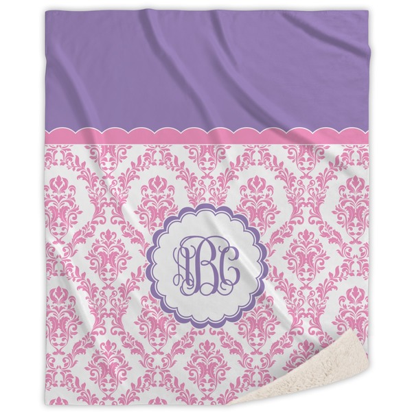 Custom Pink, White & Purple Damask Sherpa Throw Blanket - 60"x80" (Personalized)