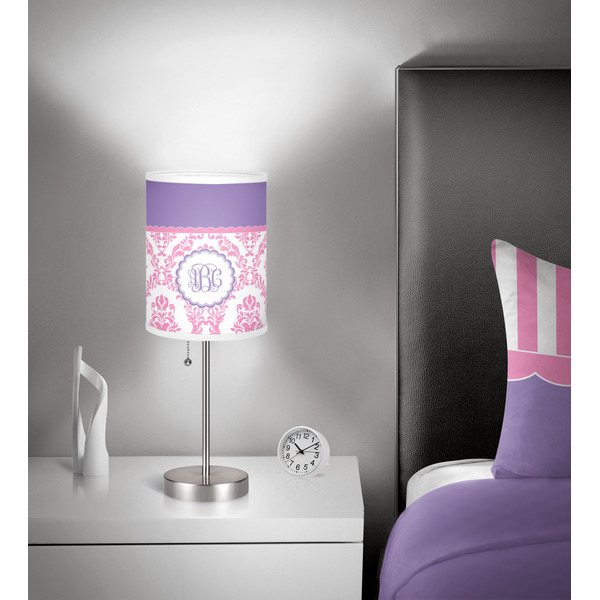 Pink, White & Purple Damask 7 inch drum lamp shade - in room