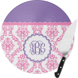 Pink, White & Purple Damask Round Glass Cutting Board - Small (Personalized)