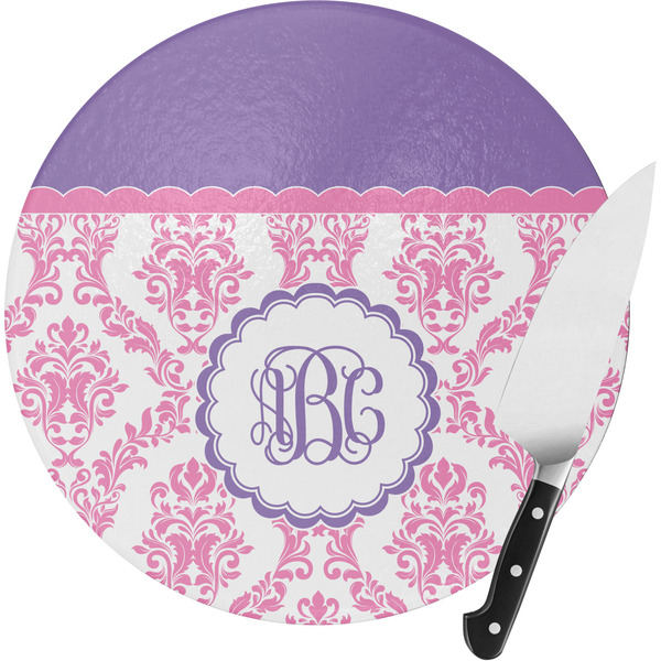 Custom Pink, White & Purple Damask Round Glass Cutting Board - Small (Personalized)