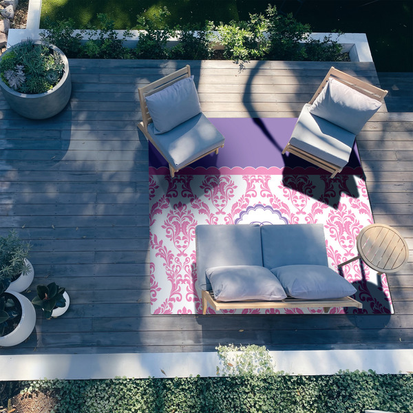 Pink, White & Purple Damask 8'x10' Patio Rug - In context