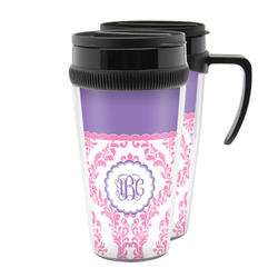 Pink, White & Purple Damask Acrylic Travel Mug (Personalized)