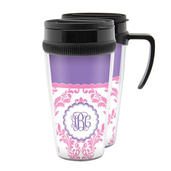 Custom Pink, White & Purple Damask Acrylic Travel Mug (Personalized)
