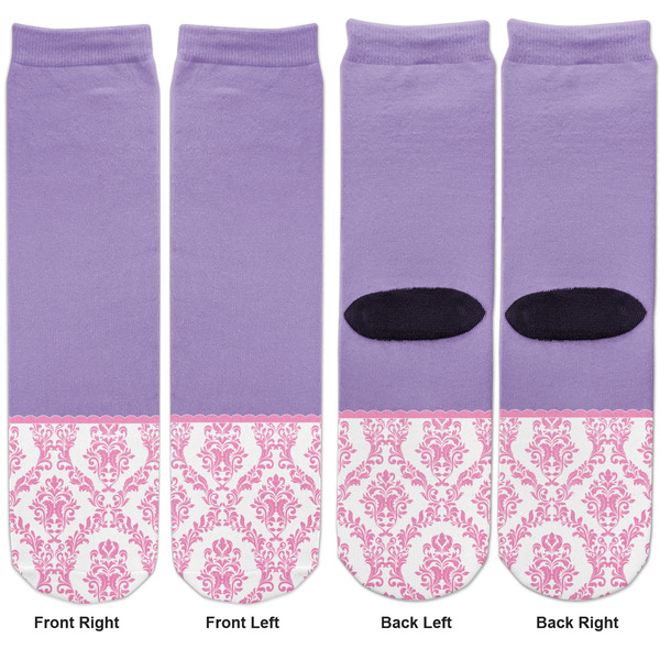 Pink, White & Purple Damask Adult Crew Socks - Double Pair - Front and Back - Apvl