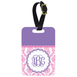 Pink, White & Purple Damask Metal Luggage Tag w/ Monogram
