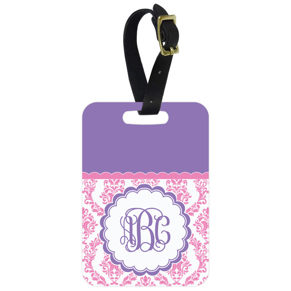 Custom Pink, White & Purple Damask Metal Luggage Tag w/ Monogram
