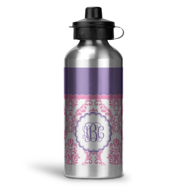 Custom Pink, White & Purple Damask Water Bottles - 20 oz - Aluminum (Personalized)