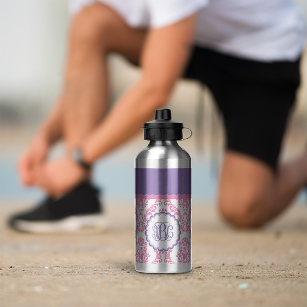 Pink, White & Purple Damask Aluminum Water Bottle - Silver LIFESTYLE
