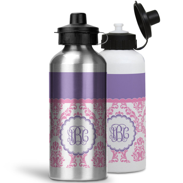 Pink, White & Purple Damask Aluminum Water Bottles - MAIN (white &silver)