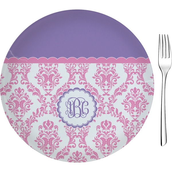 Custom Pink, White & Purple Damask 8" Glass Appetizer / Dessert Plates - Single or Set (Personalized)