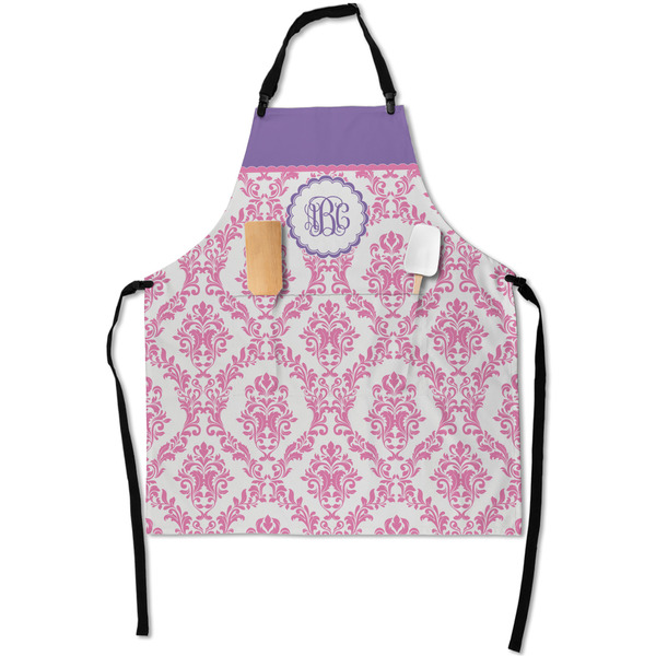 Custom Pink, White & Purple Damask Apron With Pockets w/ Monogram