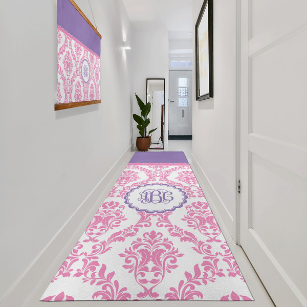 Pink, White & Purple Damask Area Rug Sizes - In Context (vertical)