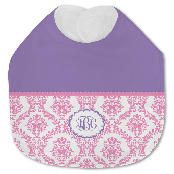 Custom Pink, White & Purple Damask Jersey Knit Baby Bib w/ Monogram