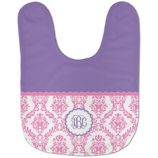 Pink, White & Purple Damask Baby Bib - AFT flat