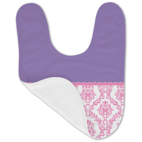 Pink, White & Purple Damask Baby Bib - AFT folded