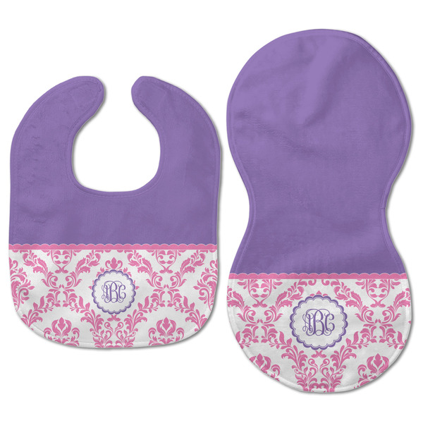 Pink, White & Purple Damask Baby Bib & Burp Set - Approval (new bib & burp)