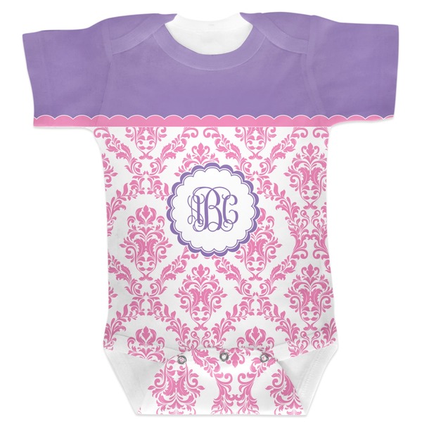 Custom Pink, White & Purple Damask Baby Bodysuit 12-18 (Personalized)