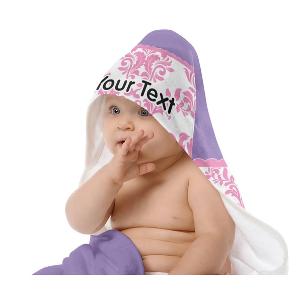 Pink, White & Purple Damask Baby Hooded Towel on Child