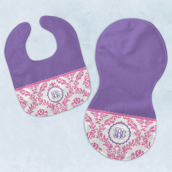Custom Pink, White & Purple Damask Baby Bib & Burp Set w/ Monogram