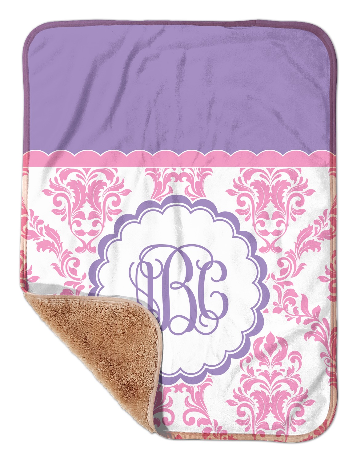 Custom Pink, White & Purple Damask Sherpa Baby Blanket 30" x 40" w