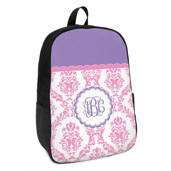 Custom Pink, White & Purple Damask Kids Backpack (Personalized)
