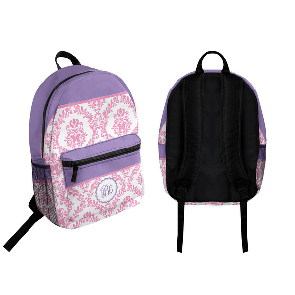 Pink, White & Purple Damask Backpack front and back - Apvl