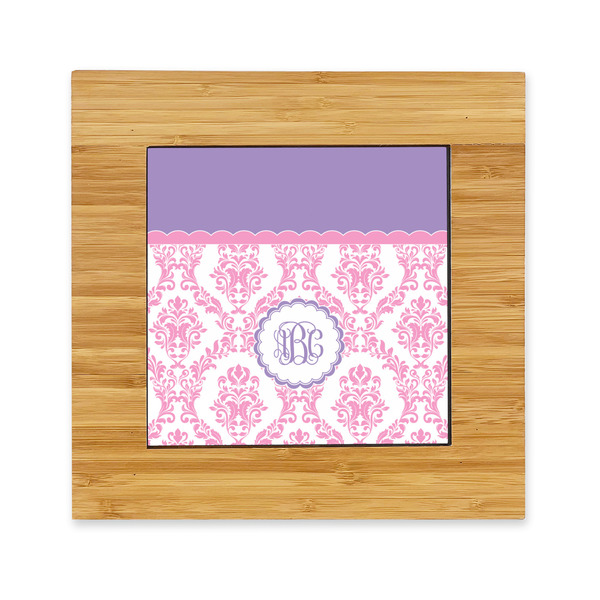 Custom Pink, White & Purple Damask Bamboo Trivet with Ceramic Tile Insert (Personalized)