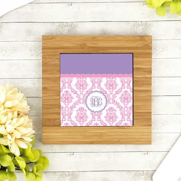 Pink, White & Purple Damask Bamboo Trivet with 6" Tile - LIFESTYLE