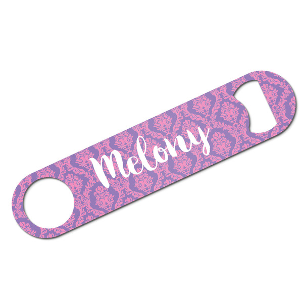 Custom Pink, White & Purple Damask Bar Bottle Opener w/ Monogram