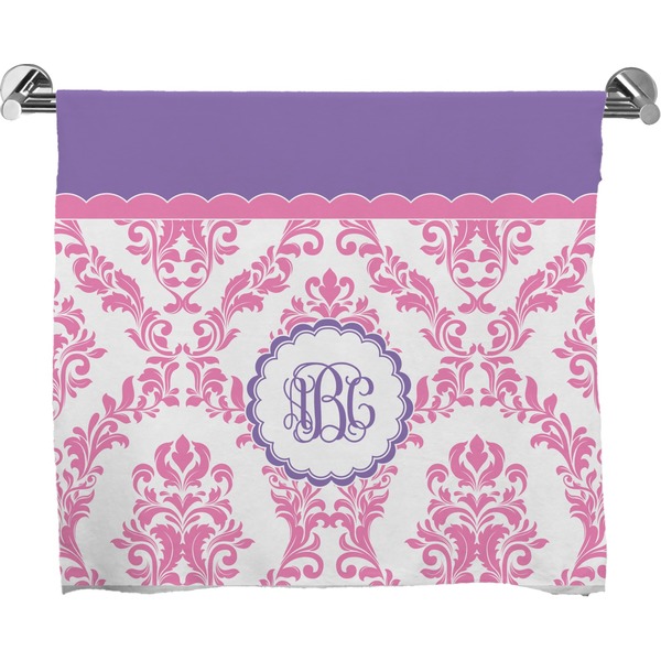 Custom Pink, White & Purple Damask Bath Towel (Personalized)