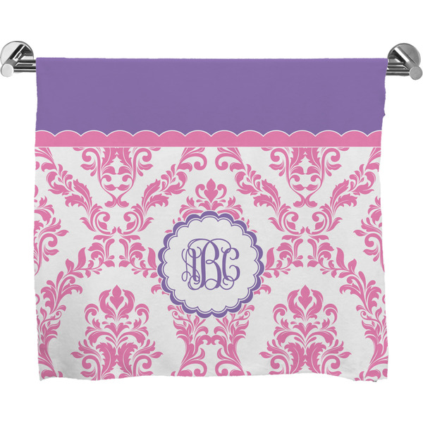 Custom Pink, White & Purple Damask Bath Towel (Personalized)