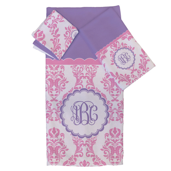 Custom Pink, White & Purple Damask Bath Towel Set - 3 Pcs (Personalized)