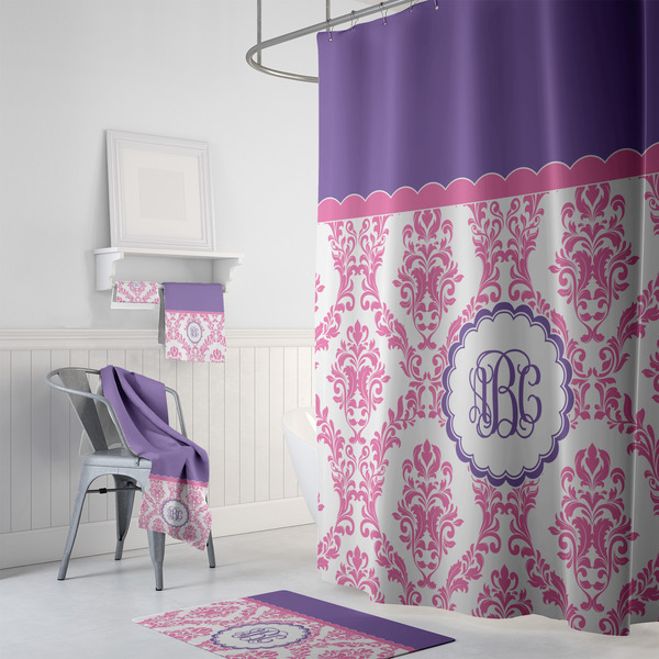 Pink, White & Purple Damask Bath Towel Sets - 3-piece - In Context