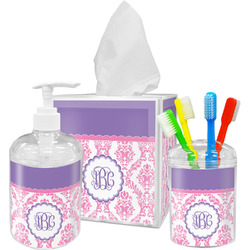 Pink, White & Purple Damask Acrylic Bathroom Accessories Set w/ Monogram