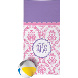 Pink, White & Purple Damask Beach Towel (Personalized)