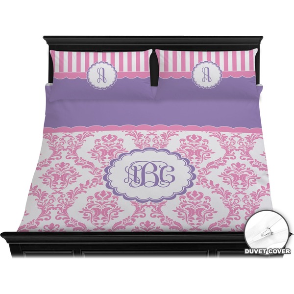 Pink, White & Purple Damask Bedding Set (King) - Duvet