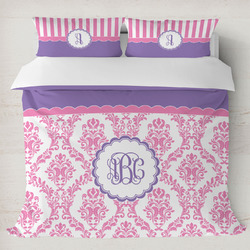 Pink, White & Purple Damask Duvet Cover Set - King (Personalized)