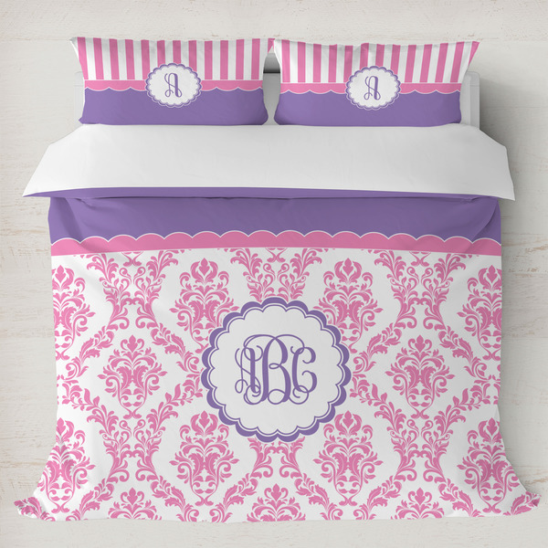 Custom Pink, White & Purple Damask Duvet Cover Set - King (Personalized)