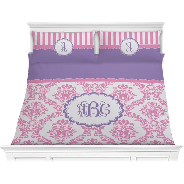 Custom Pink, White & Purple Damask Comforter Set - King (Personalized)