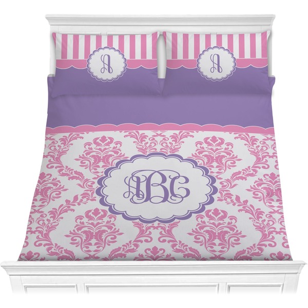 Custom Pink, White & Purple Damask Comforter Set - Full / Queen (Personalized)