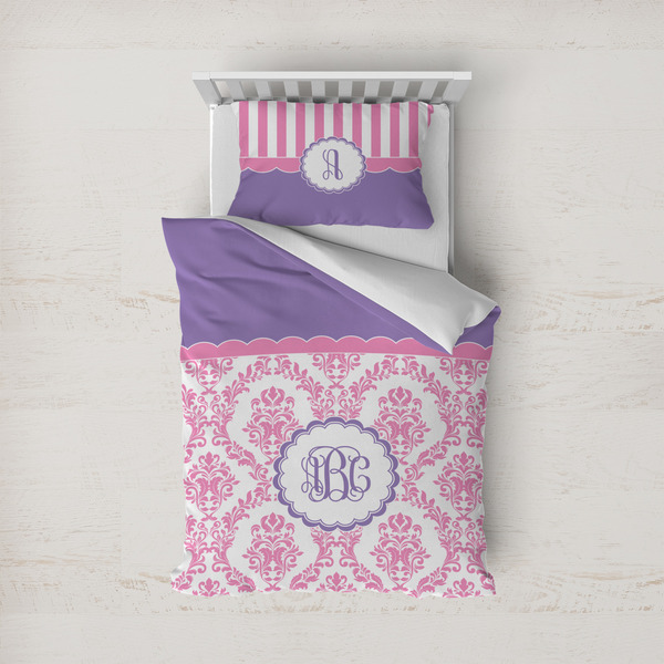 Custom Pink, White & Purple Damask Duvet Cover Set - Twin (Personalized)