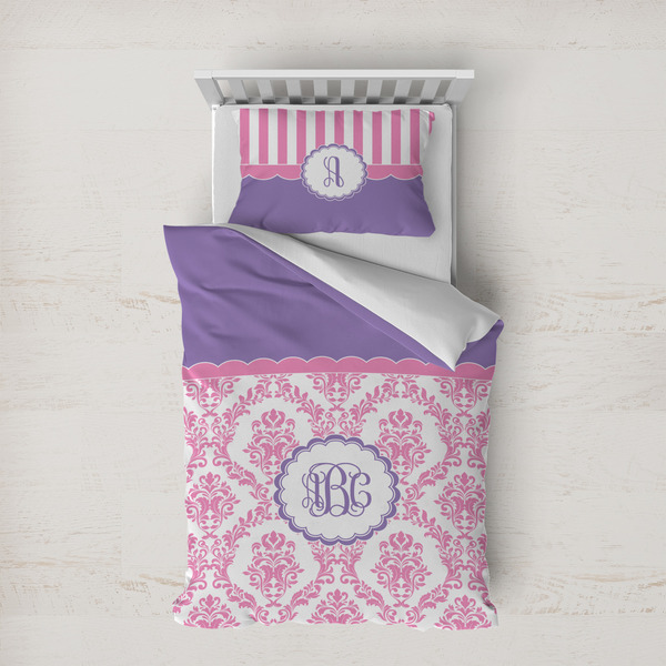Custom Pink, White & Purple Damask Duvet Cover Set - Twin XL (Personalized)