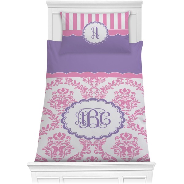 Custom Pink, White & Purple Damask Comforter Set - Twin (Personalized)