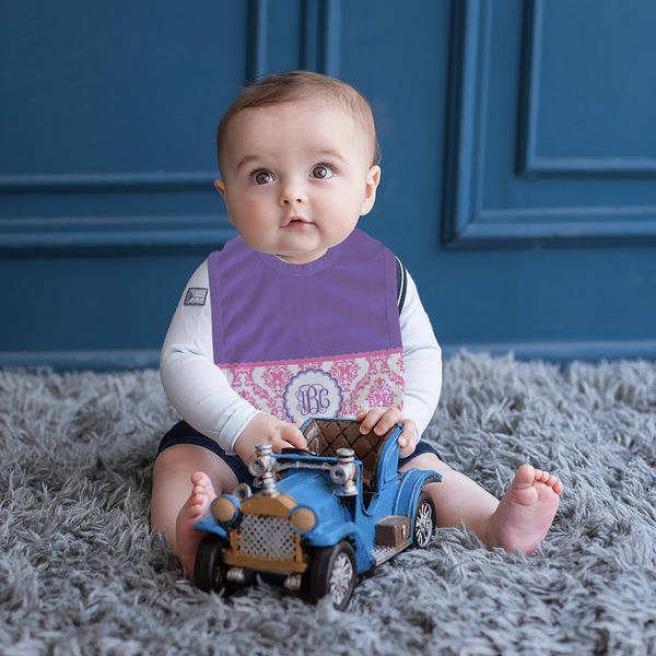 Pink, White & Purple Damask Bib Lifestyle Boy