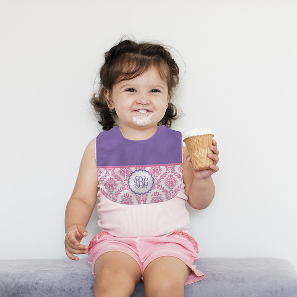 Pink, White & Purple Damask Bib Lifestyle Girl