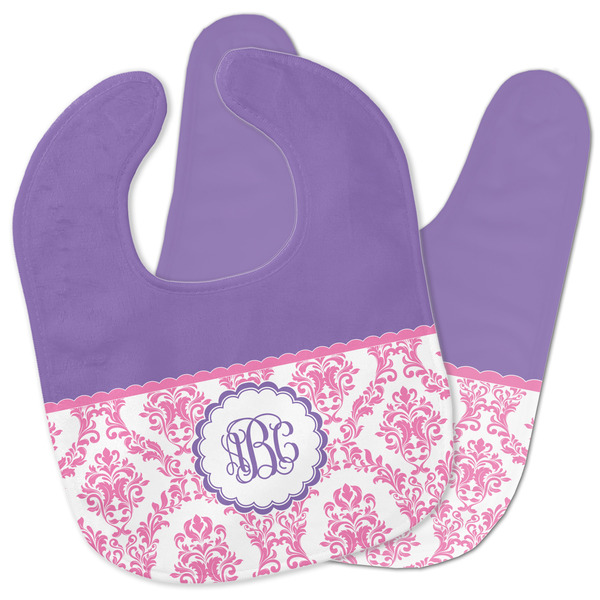 Custom Pink, White & Purple Damask Baby Bib w/ Monogram