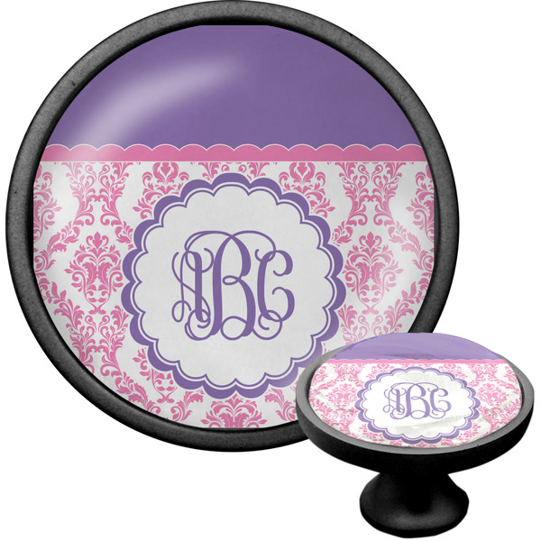 Custom Pink, White & Purple Damask Cabinet Knob (Black) (Personalized)