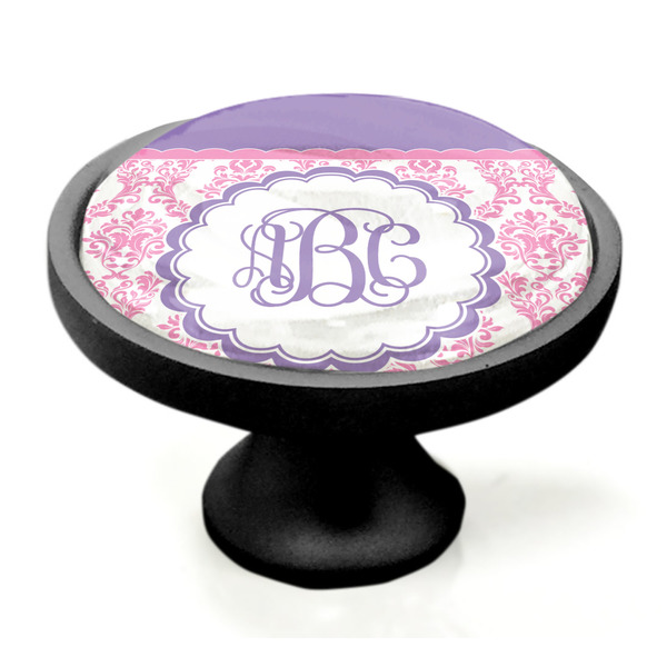 Pink, White & Purple Damask Black Custom Cabinet Knob (Side)