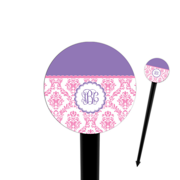 Custom Pink, White & Purple Damask 4" Round Plastic Food Picks - Black - Single Sided (Personalized)