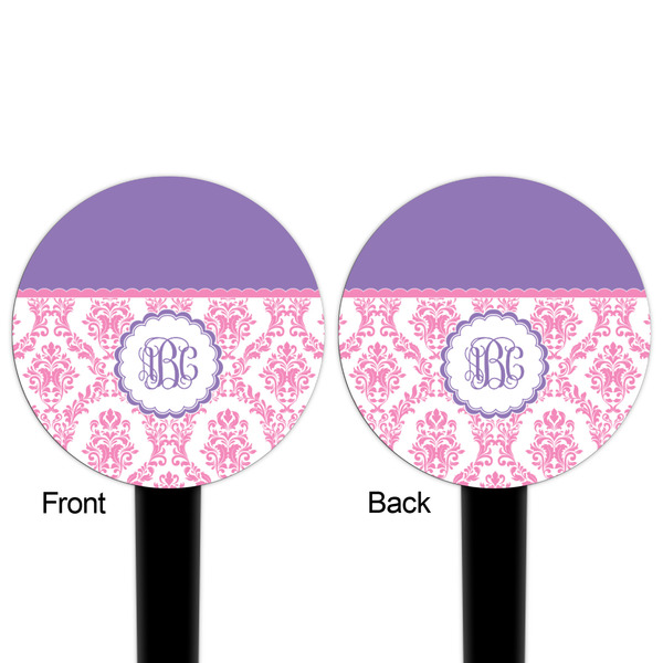 Pink, White & Purple Damask Black Plastic 4" Food Pick - Round - Double Sided - Front & Back